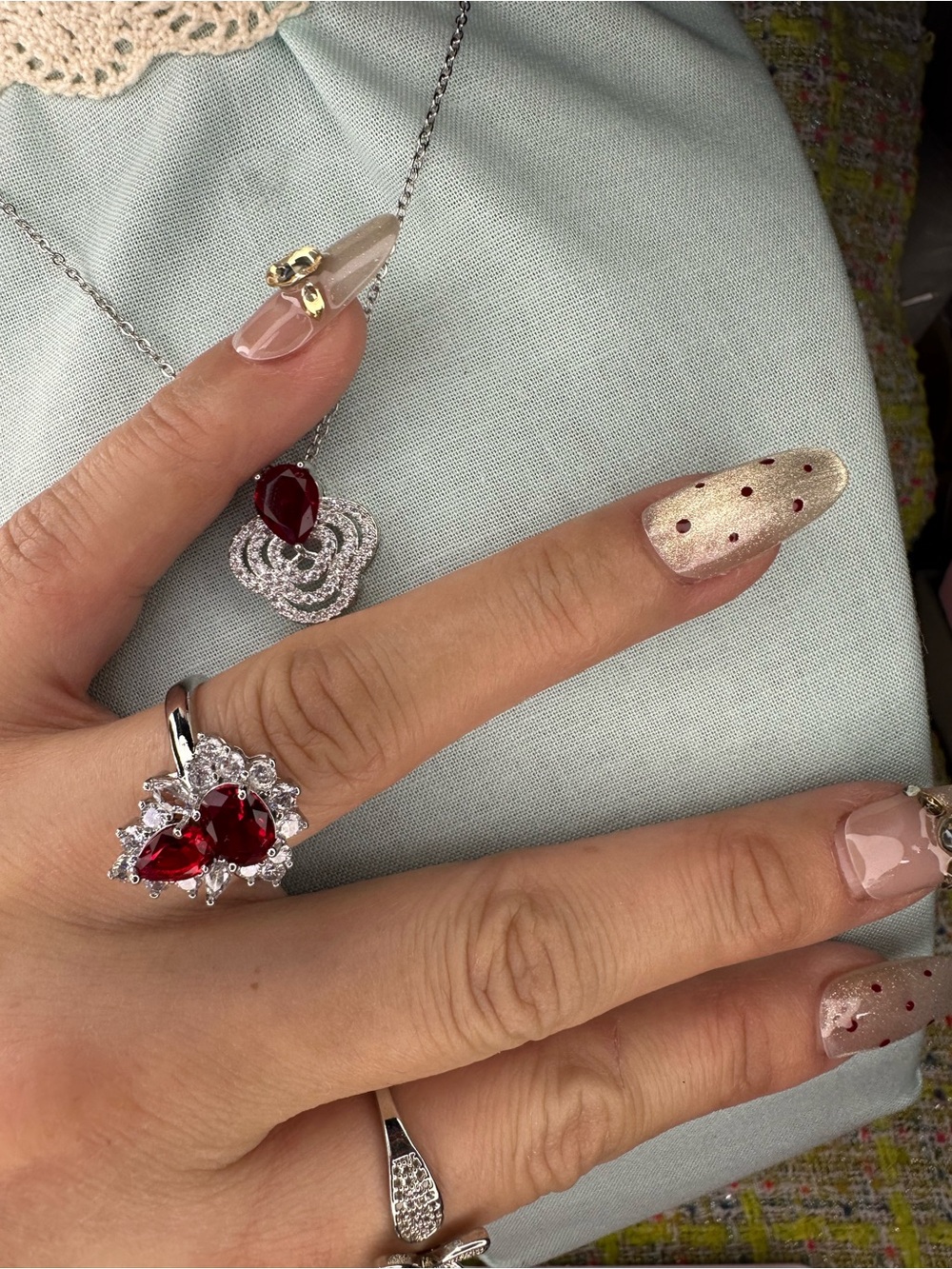 Silver Ring and Pendant Jewelry Set with Red Gemstones ring open size 5 to 13